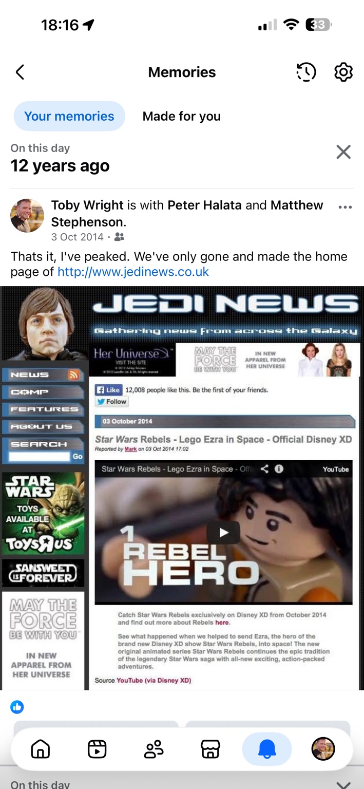 The 2014 Jedi News homepage featuring Star Wars Rebels: LEGO Ezra in Space, rediscovered in a Facebook memory.